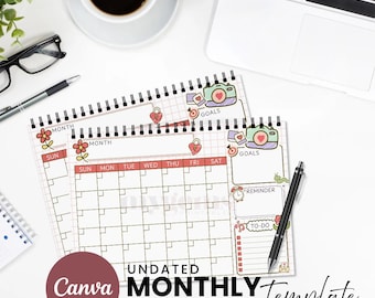 Printable Undated Monthly Planner | Canva Editable Template | A4 and Letter Size | Design 6