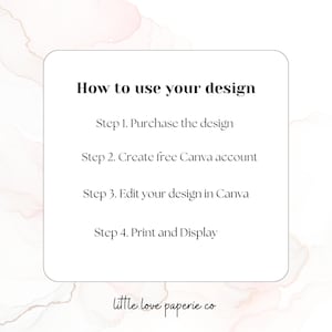 May include: A white square with rounded corners displays instructions: "How to use your design." Steps include purchasing, creating a Canva account, editing, and printing. The bottom of the image features the text "little love paperie co."
