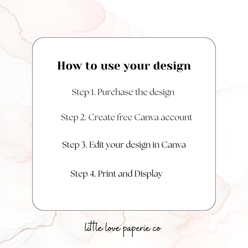 May include: A white square with rounded corners displays instructions: "How to use your design." Steps include purchasing, creating a Canva account, editing, and printing. The bottom of the image features the text "little love paperie co."