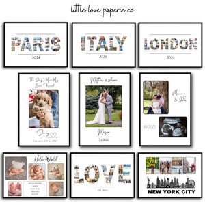 May include: Nine framed prints with black borders. The top row features the words "PARIS", "ITALY", and "LONDON" made of collaged photos, with the year "2024" below. Other prints include photos of a dog, a wedding, and a baby. The bottom row has the words "LOVE" and "NEW YORK CITY".