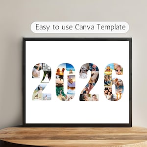 May include: A framed photo collage featuring the year "2026" composed of various photographs. The text "Easy to use Canva Template" is displayed above the collage. The frame is black, and the background is white.