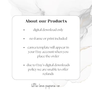May include: A white graphic with the text "About our Products" and bullet points detailing digital download, no frame or print, Canva template access, and Etsy's refund policy. The logo "little love paperie co" is at the bottom.