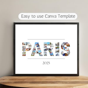 Plantilla de collage de París en Canva, recuerdo de viaje a París 2025, collage de fotos con letras de París 2025, collage de fotos de vacaciones en París 2025, collage de Canva