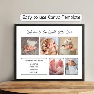 Newborn Boy Girl Photo Birth Announcement Canva Template, Digital Download Photo Birth Stats Announcement Canva Template, Newborn Collage