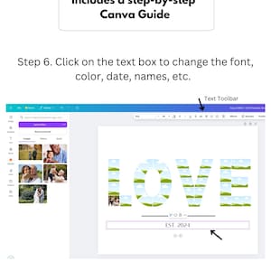 May include: A Canva design interface showing a "LOVE" collage with photos. The text "EST. 2024" is below the word "LOVE". The image includes a step-by-step Canva guide. The text toolbar is visible at the top of the screen.