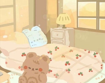May include: A cozy bedroom scene with a cartoon bear sitting on a bed. The bed has a light pink comforter with cherry patterns. A small nightstand with a lamp sits beside the bed. The room is bathed in warm, golden light.