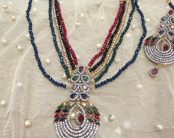 Turkish jewellery  Necklace Set with Earrings  beige goldblue pink white red  – Bridal Festive Statement