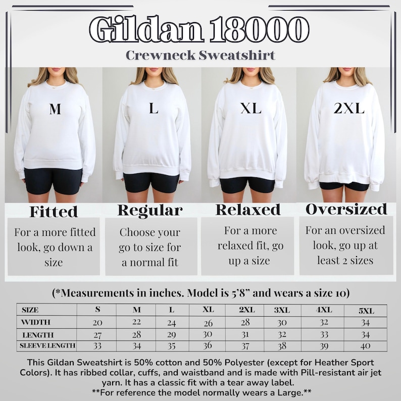 Puede incluir: Una tabla de tallas para sudaderas con cuello redondo Gildan 18000, que muestra cinco tallas diferentes: S, M, L, XL y 2XL. La tabla incluye medidas en pulgadas para el ancho, la longitud y la longitud de la manga. La tabla tambi&eacute;n incluye descripciones del ajuste para cada talla: ajustado, regular, holgado y de gran tama&ntilde;o.