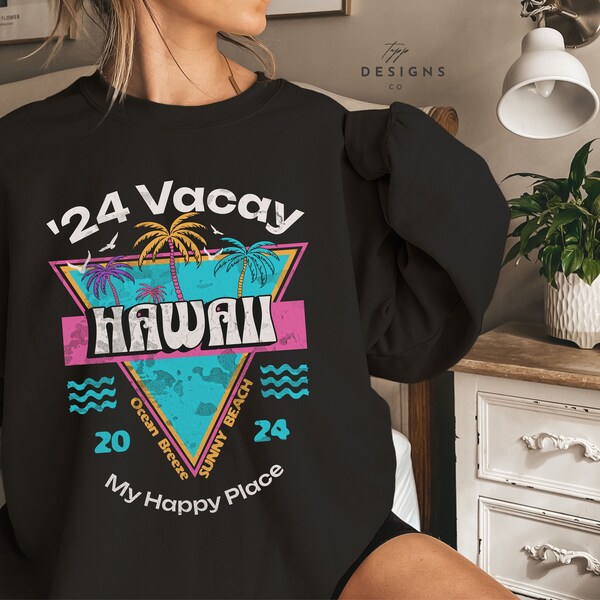 Retro Hawaii 2024 Sweatshirt Matching Family Hawaii Sweatshirts Trendy Hawaiian Sweater Gifts for Traveler 90's Sweatshirt Oversized Hoodie