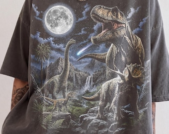 Vintage Dinosaur Shirt, Jurassic Graphic Tee, T-Rex Moon Graphic T-Shirt, Retro Dino Shirt, Prehistoric Nature Tee, Gift for Dino Lovers