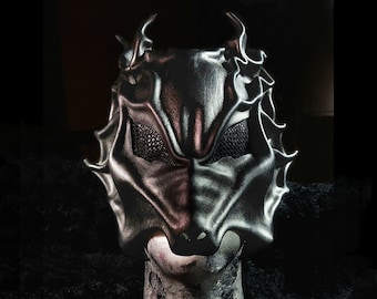 Handcrafted leather dragon mask, dark masquerade, ritual mask, dragon cosplay mask, LARP, ren faire mask, performance mask, burning man