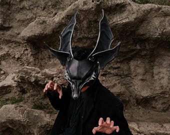 Handcrafted leather bat-eared dragon mask, wolf dragon, fruit bat, LARP, Ren faire, flying fox, cosplay, jackal, coyote, seahorse, comiccon