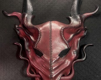 Handcrafted red leather dragon mask, japanese dragon, yokai, ghoul, Tokyo, renn faire dragon, theatrical, LARP, burning man, dragon cosplay