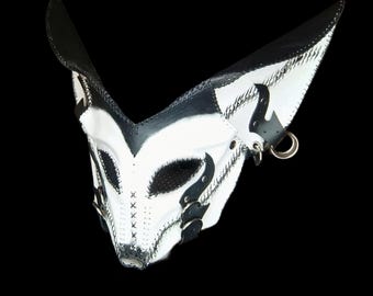 Handcrafted white leather fennec fox mask, fox costume mask, steampunk mask, LARP mask, burning man, fox cosplay mask, post-apocalyptic mask