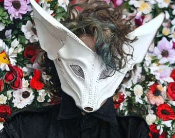Handcrafted white leather fox mask, halloween fox costume, kitsune, LARP, Ren faire, burning man, fox cosplay, white fennec fox, puppy mask