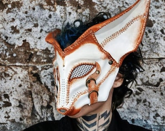 Handcrafted white leather fennec fox mask, fox costume, steampunk, LARP mask, burning man, fox cosplay, post-apocalyptic mask, Ren faire