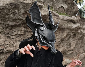 Handcrafted leather bat-eared dragon mask, wolf dragon, fruit bat, LARP, Ren faire, flying fox, cosplay, jackal, coyote, seahorse, comiccon