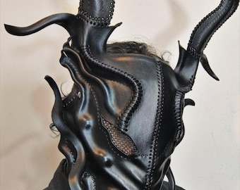 Handgjord XL-läderdrakemask, Halloweendrake, drakecosplay, japansk drake, Kyoto, Yokai, djävul, Tokyo, ghoul, lajv, Ren faire