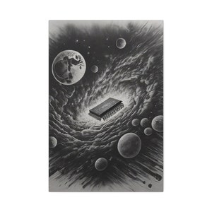May include: A black and white illustration of a book floating in space surrounded by planets and stars.
