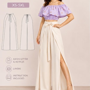 May include: A sewing pattern for wide-leg trousers, with the text "WIDE LEG PANTS SEWING PATTERN XS-5XL". The image shows a woman wearing cream-coloured wide-leg trousers with a high slit and a lavender off-the-shoulder top. The pattern includes A4/US letter & AO files, layers, and instructions.