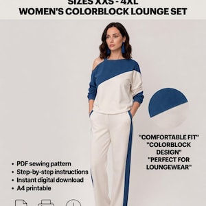 Cartamodello per tuta da donna XXS-4XL, cartamodello PDF per completo da salotto, cartamodello per felpa e pantaloni, tuta a blocchi di colore, download immediato in formato A4