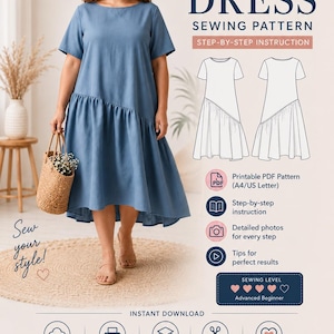 May include: A woman models a light blue dress with a ruffled asymmetrical hem. The image is a sewing pattern advertisement, with text that reads "Women's Dress Sewing Pattern" and size options from XS to 5XL. The pattern includes step-by-step instructions.