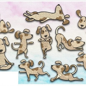 May include: A collection of cartoon dog illustrations in various yoga poses. The dogs are tan with brown spots and have floppy ears. The background is a watercolor wash of light pink and blue. A small orange rectangle in the upper left corner says "Sale!"