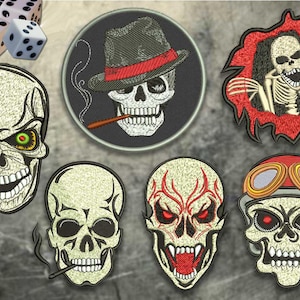 May include: Embroidered skull patches in various designs. One skull wears a fedora, another has a cigarette, and others feature menacing expressions with red and green accents. Dice are in the background.