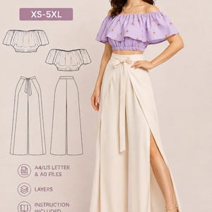 Può includere: Modello di cucito per un top e pantaloni. L'immagine mostra una donna che indossa un top corto lilla con spalle scoperte e pantaloni palazzo color crema con spacco laterale. Il modello include taglie XS-5XL, file A4/US letter e AO, livelli e istruzioni.