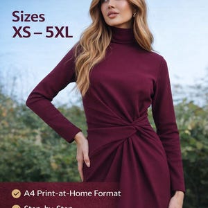 Op de afbeelding: Bordeaux jurk met een coltrui en lange mouwen, met een knoopdetail in de taille. De tekst op de afbeelding luidt "Sewing Pattern (PDF)" en "Maten XS-5XL". Extra tekst geeft A4-formaat en stapsgewijze instructies aan.