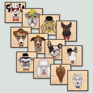 May include: A collection of framed dog portraits, each featuring a different breed with unique accessories. The dogs are depicted wearing glasses, bow ties, hats, and other stylish adornments. The artwork has a vintage, hand-drawn aesthetic.