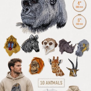 May include: A digital collection of 10 machine embroidery designs featuring animal heads including a gorilla, mandrill, zebra, meerkat, rhino, hippo, orangutan, giraffe, and gazelle. Includes 4 inch and 6 inch size options and file formats.