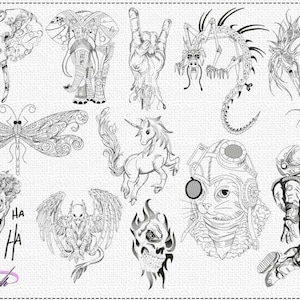 May include: A collection of black and white line art illustrations featuring various designs. Included are an elephant, a hand making a rock and roll gesture, a dragon, a horse, a dragonfly, a unicorn, a joker face, a winged creature, a flaming skull, a cat in a pilot helmet, and an astronaut.