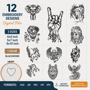 May include: A digital file set featuring 12 blackwork embroidery designs. Designs include an elephant, a hand making a rock on gesture, a horse, a joker face, a cat in goggles, a unicorn, a winged creature, a skull, a wolf, and a phoenix. Available in 3 sizes: 4x4, 5x7, and 6x10 inches.