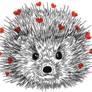 Peut inclure: Illustration fantaisiste d'un hérisson avec des piquants noirs et blancs, un nez et des yeux noirs. Des cœurs rouges sont dispersés autour du hérisson, créant un design charmant et ludique.