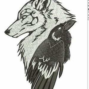 May include: Embroidered design featuring a wolf and a raven. The wolf is depicted in shades of gray, while the raven is black with white accents on its wing feathers. The design is likely for apparel or home decor.