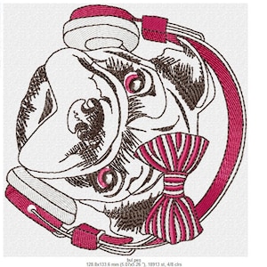 May include: An embroidered design featuring a bulldog wearing headphones and a bow tie. The design uses white, brown, and shades of pink. The text "bul_pes" is at the bottom.