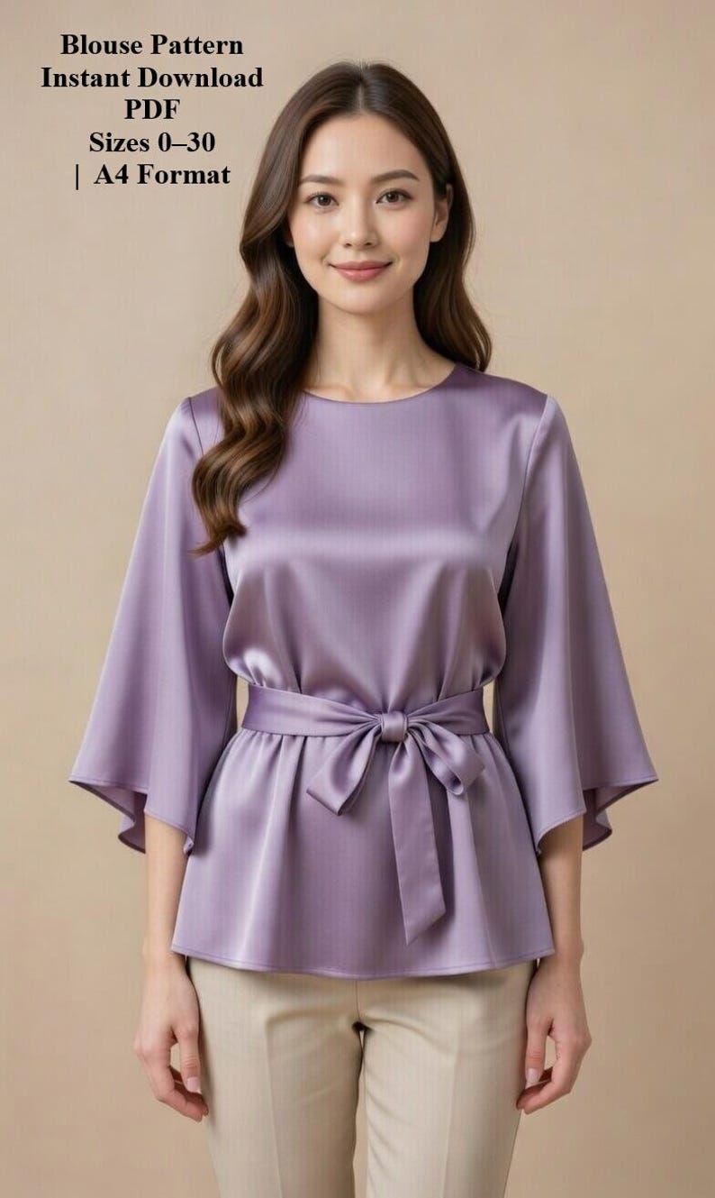 Satin Peplum Blouse Sewing Pattern PDF, Bell Sleeve Top With Waist Tie ...