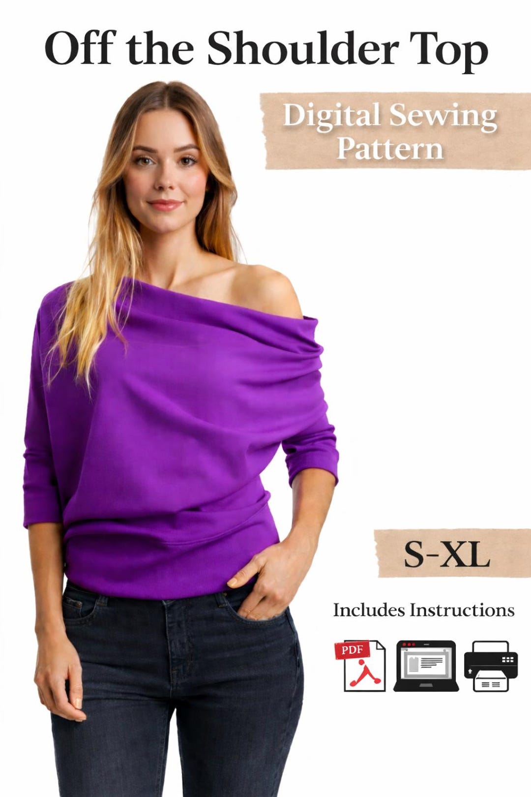Off the Shoulder Top Sewing Pattern PDF, Comfy Fit Knit Top Pattern ...
