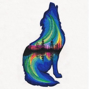 May include: Embroidered patch featuring a howling wolf silhouette. The wolf is filled with a colorful design of a forest and aurora borealis in shades of blue, green, yellow, and pink. The patch is on a white background.