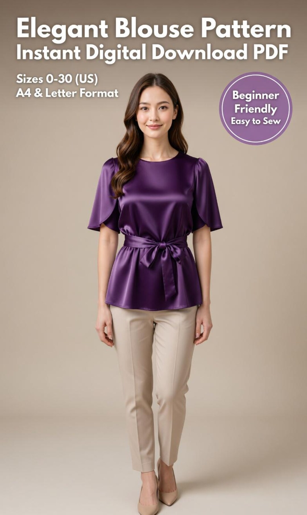 Satin Peplum Blouse Sewing Pattern PDF, Bell Sleeve Top With Waist Tie ...