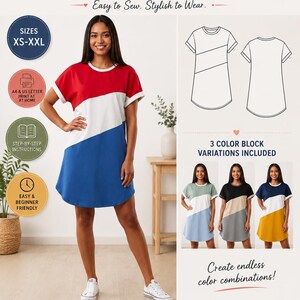 Women Color Block Dress Sewing Pattern PDF, Knit T-Shirt Dress, Dolman Sleeve Casual Shift Dress, XS-XXL