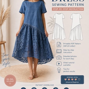 May include: A blue dress sewing pattern with step-by-step instructions. The dress features a denim bodice and a lace skirt. The pattern includes sizes XS-5XL and is for advanced beginners. The image also includes a model wearing the dress.