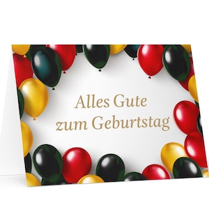 Tarjeta de cumpleaños alemana: colorido saludo festivo de Alemania, globo de regalo, feliz para un ser querido, amigo, él, ella, mamá, papá, hermano, hermana, bandera