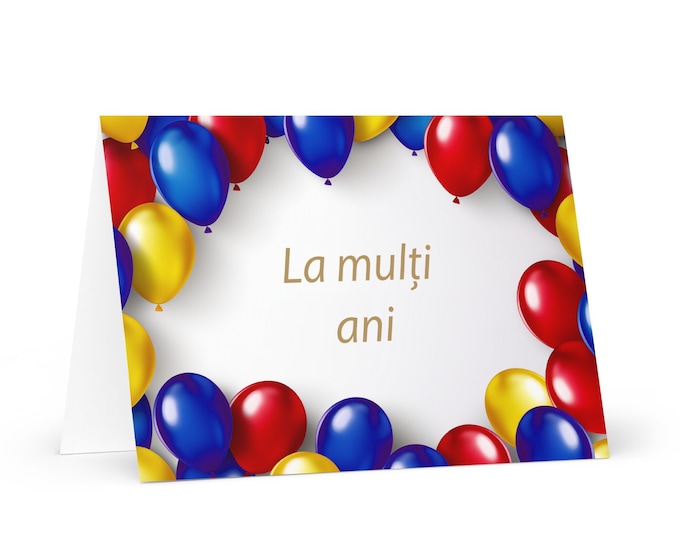 Romanian Birthday card - colorful Romania greeting festive wish balloon gift happy for loved one friend him her mom dad brother sister flag