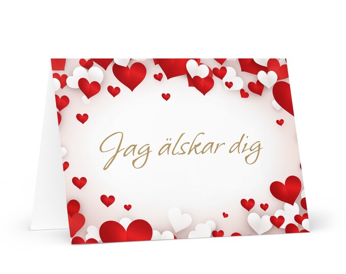 Swedish I Love You card Red and White Hearts - colorful festive wish gift happy for loved one spouse girlfriend friend him her mom boyfriend
