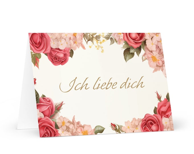German I Love You card Pink and Red Roses - colorful festive wish gift happy for loved one spouse girlfriend friend him her mom boyfriend