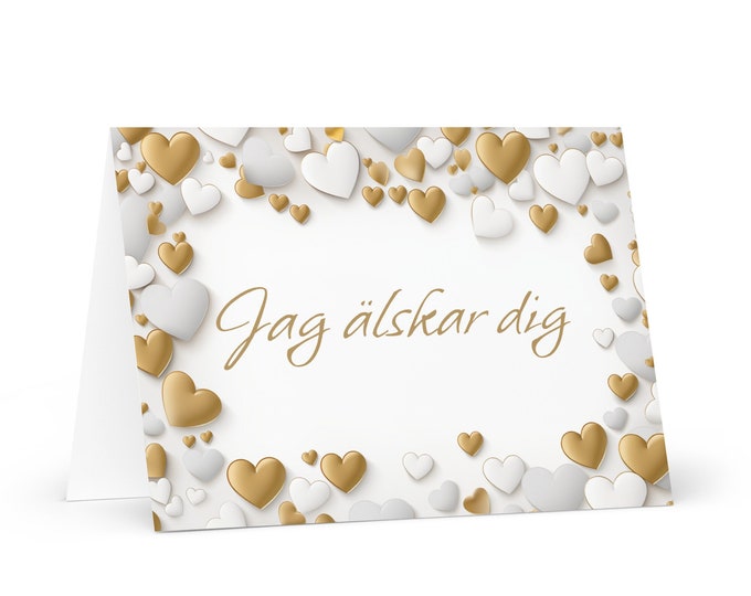 Swedish I Love You card White and Gold Hearts - colorful festive wish gift happy for loved one spouse girlfriend friend her mom boyfriend