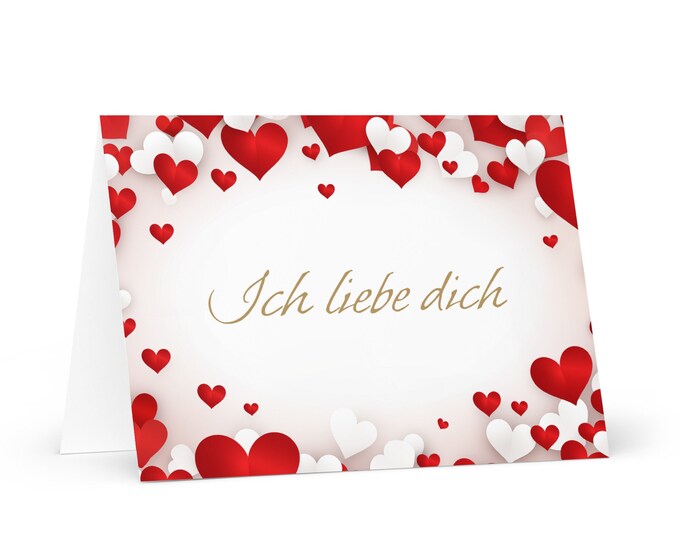 German I Love You card Red and White Hearts - colorful festive wish gift happy for loved one spouse girlfriend friend him her mom boyfriend