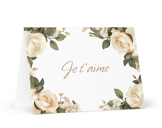 French I Love You card White Roses - colorful festive wish gift happy for loved one spouse girlfriend friend him her mom boyfriend